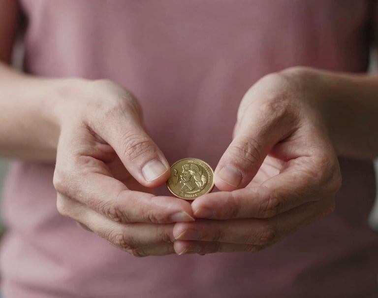 A close-up photograph of a person's hands in a modern International / Western setting, carefully holding a clean, golden coin. The focus is sharp on the metallic texture, with the background softly blurred in shades of Dusty Rose Petal and Deep Plum Twilight.