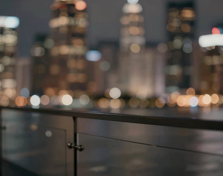 An artistic, out-of-focus cinematic shot of city lights reflecting on a glass surface, incorporating a palette of #3A3F3B and #C1C4BF. It serves as a background texture for the creative concept. Sophisticated and modern.