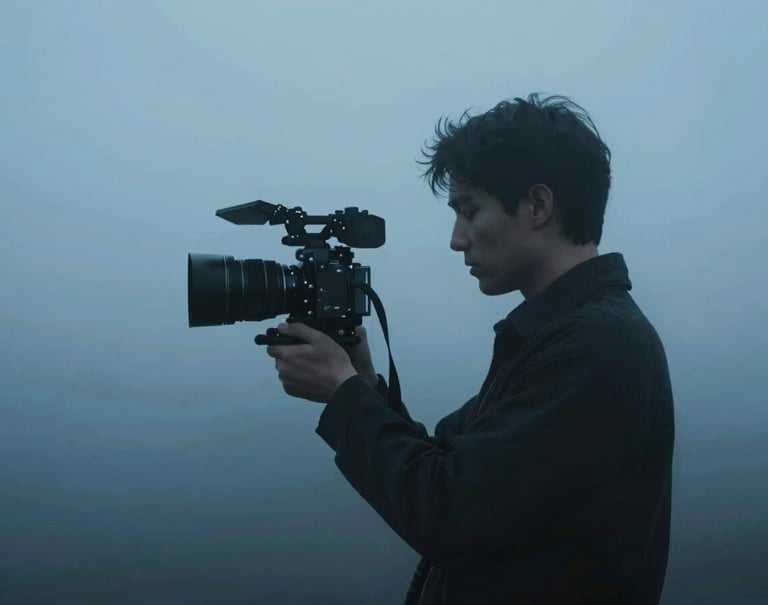 An abstract silhouette of a filmmaker against a misty, blue-toned backdrop (#2C3E50), cinematic and moody lighting, elegant composition.