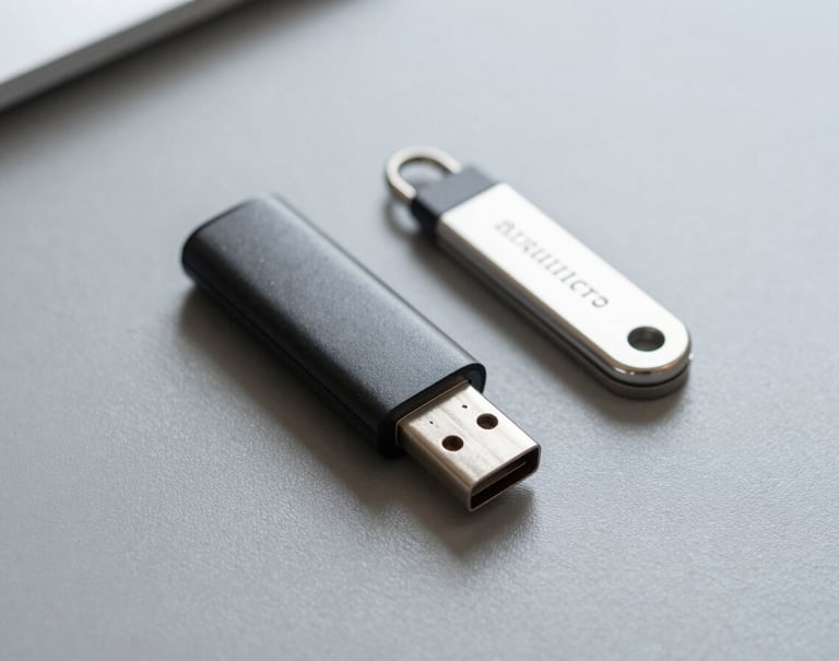 A macro shot of a secure encrypted USB drive and a hardware security token lying on a clean, professional mist gray desk surface. The composition is minimalist and sharp.