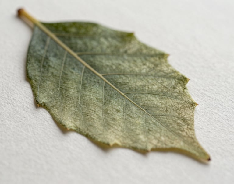 A macro shot focusing on the delicate pigment and fine lines of a hand-painted leaf on cotton paper, showcasing the rich texture and soft olive gradients.