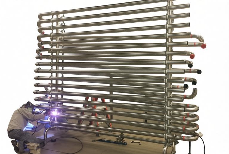 Welder tack welding a large industrial stainless steel tubing assembly for process skid.