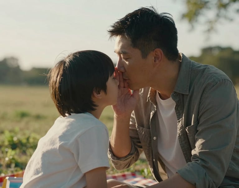 A medium shot of a family sharing a quiet, authentic moment during a picnic. A parent is leaning in to whisper something to a child. The lighting is soft and cinematic, with the natural warmth of the sun-drenched environment reflecting off their clothing.