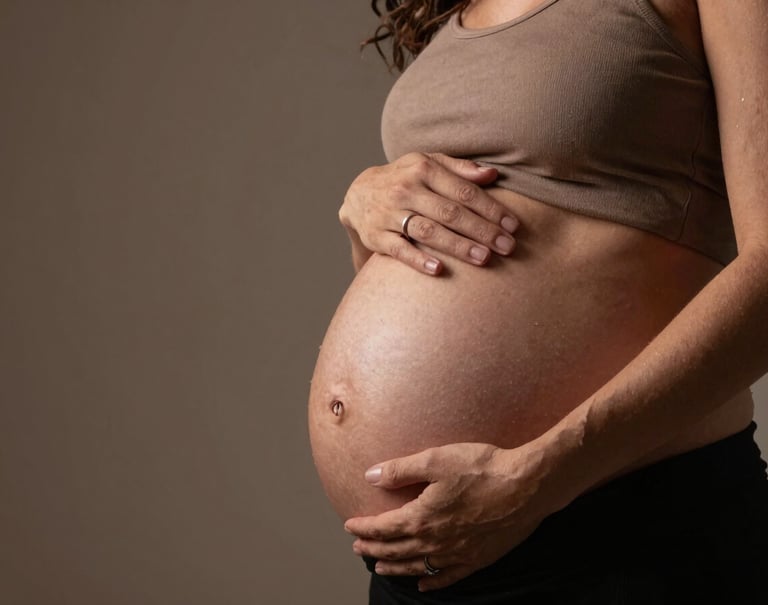 An emotional shot of a pregnant woman's hands gently resting on her belly, wearing a ring that catches the soft studio light. The setting is a South American / Brazilian professional studio with a minimalist aesthetic and earthy brown tones.