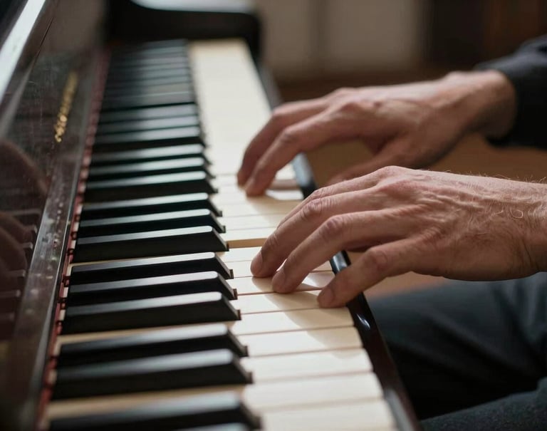 A close-up of a musician's hands resting gracefully on the ivory keys of a piano. The color palette is dominated by dark charcoal and soft off-white, emphasizing a calm and creative journey.