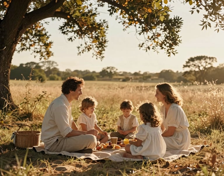 A family of four enjoying a picnic in a meadow during the golden hour. Sun-drenched environment, natural interactions, cinematic wide shot. Colors include warm sand, soft off-white clothing, and golden oak light.