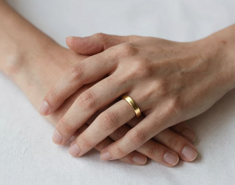 Close-up of two hands intertwined, featuring a brushed gold engagement ring, set against a clean white linen background, North American / US setting, soft luxe lighting.