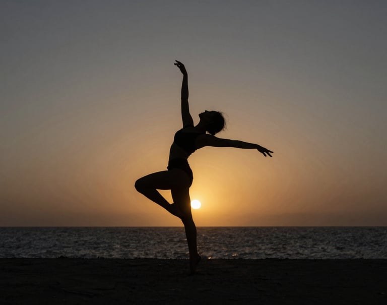Still frame from a short film featuring a silhouette of a dancer against a sunset in a Angolana coastal landscape, charcoal slate grey horizon, antique burnished gold sun, high contrast photography.