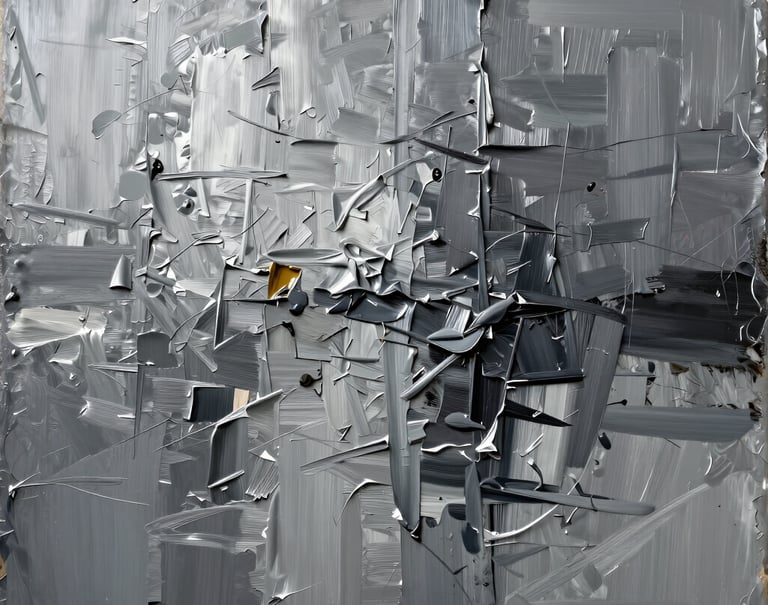 A high-resolution detail of an abstract mixed-media painting. The surface shows thick textures of silver and charcoal pigments with expressive but controlled brushstrokes. The style is contemporary and sophisticated, capturing a sense of movement.