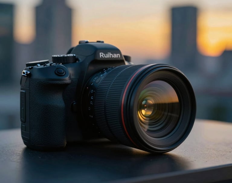 A professional DSLR camera lens resting on a sleek dark desk, reflecting a modern cityscape with yellow sunset lights. The image conveys Ruihan's hobby of photography and an eye for detail. The color palette is dominated by dark blues with vibrant yellow highlights.
