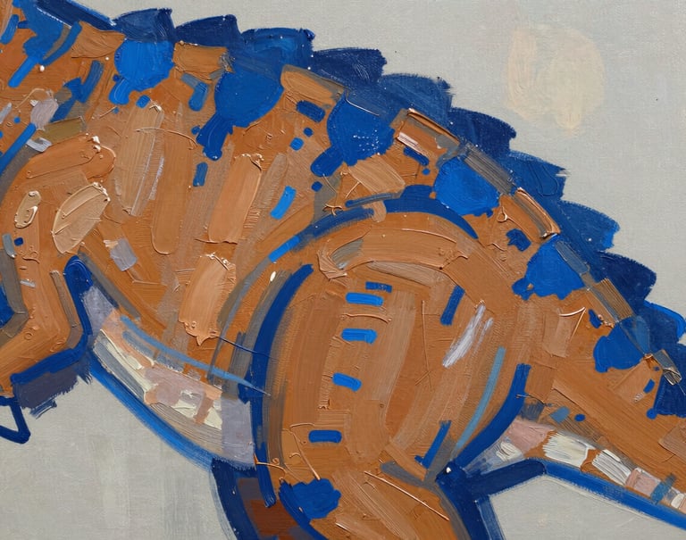 A detail shot of an acrylic painting showing thick, textured brushstrokes of #D87D51 and #1F3A4B paint on a canvas, forming the pattern of dinosaur scales in a stylized pop-art fashion.