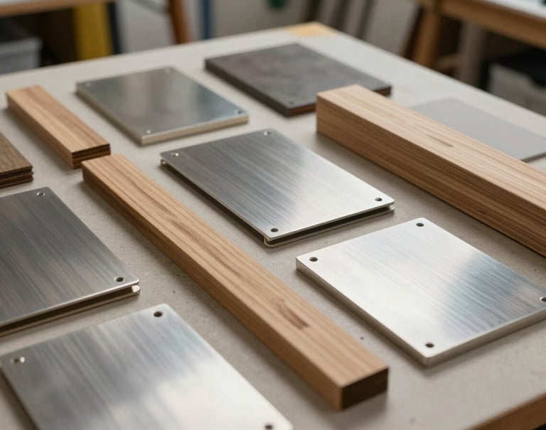 A detail shot of sustainable materials used in the project, including recycled wood and brushed silver metals, arranged in an organized, artistic composition in a North American / US workshop.