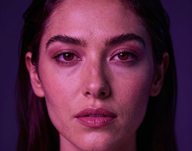Close-up artistic photograph of an adult model, Latin American / Global setting. Dark background with glowing magenta and deep violet lighting highlighting her features. Seductive and premium aesthetic.