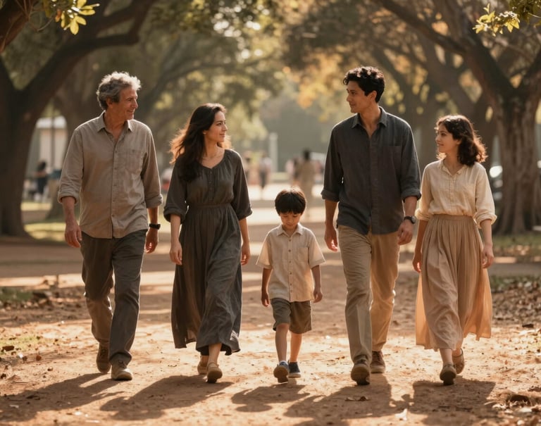 An authentic moment of a family walking through a sun-drenched Western / Global park. The composition is cinematic, with long shadows and a warm Terracotta hue in the atmosphere. They are dressed in earthy Charcoal and Soft Sand fabrics.