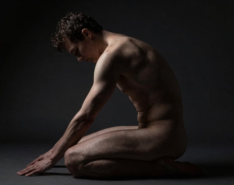 An artistic low-light study of the human form seated in a contemplative pose. Deep shadows dominate the composition, while subtle off-white highlights define the arch of the back and the curve of the shoulder. Professional photography in a North American / US studio.