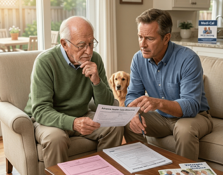 An elderly man and a caregiver review Advance Health Care Directive and Medi-Cal forms at home.