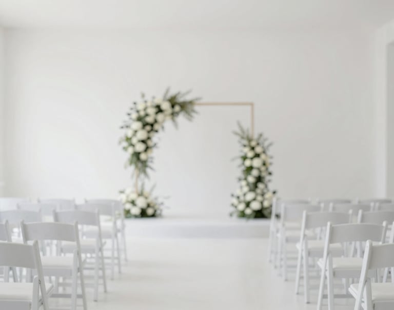 Wide shot of a modern, minimalist wedding ceremony aisle with white chairs and simple floral arrangements, bright and airy atmosphere, dominated by #FDFDFD with #A39E97 accents.