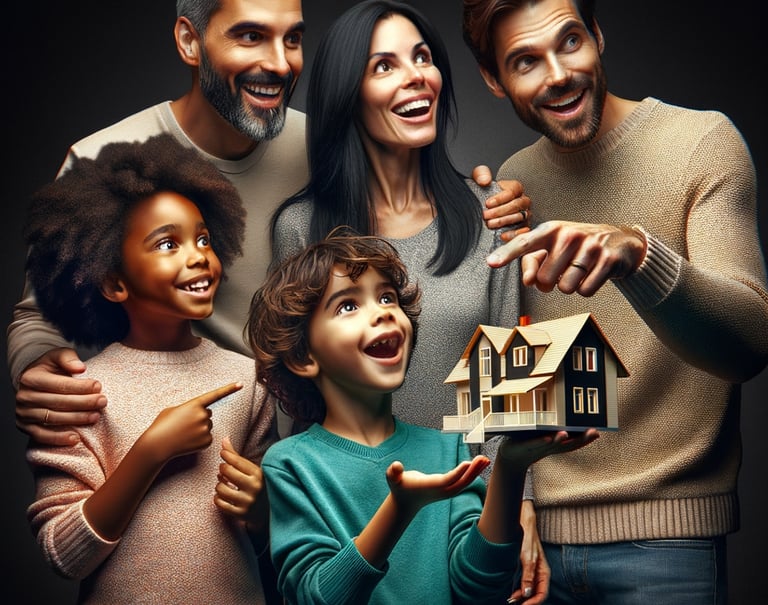a family holding a model of a house
