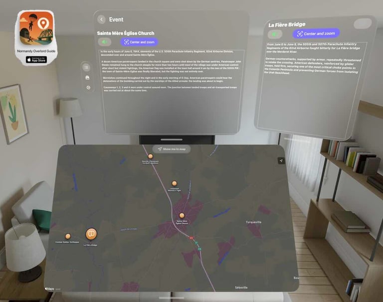 Virtual info panels and map of Sainte Mère Èglise Church on Normandy Overlord Guide on Apple Vision Pro
