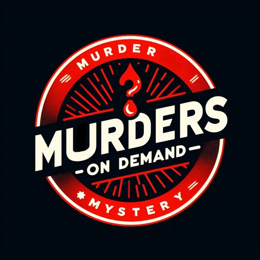Circular red and black logo for Murders on Demand mystery brand with a blood drop question mark.