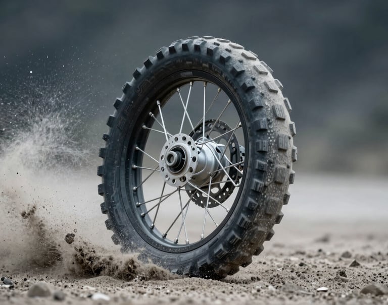 A close-up action shot of a motorcycle tire spinning through soft sand, throwing a spray of cool grey dust into the air. Sharp focus on the tire tread, with a blurred dark charcoal background. High energy and adventurous.