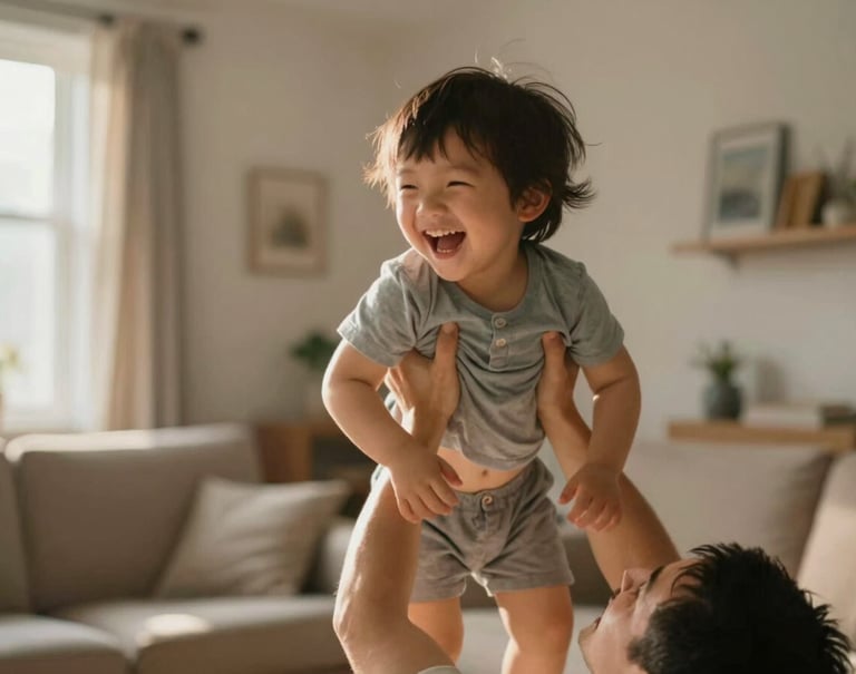 A candid moment of a child laughing while being lifted in the air by a parent. The background is a cozy, warm-toned living room with sunbeams. The style is cinematic and spontaneous, reflecting deep family bonds.