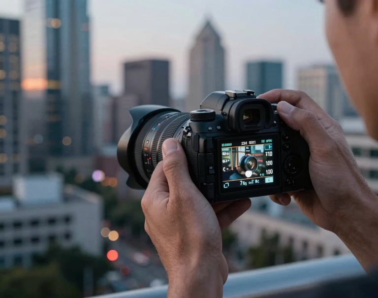 A photographer's hands holding a professional camera, adjusting settings on the digital display, overlooking a modern North American / US city at dusk, sharp focus, professional and trustworthy mood.
