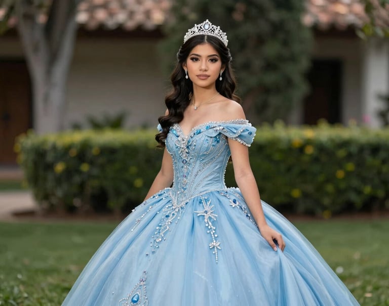 A professional portrait of a quinceañera wearing a tiara and an elegant soft sky blue gown, captured with a shallow depth of field in a South American / Colombian garden. The style is modern, professional, and minimalist.