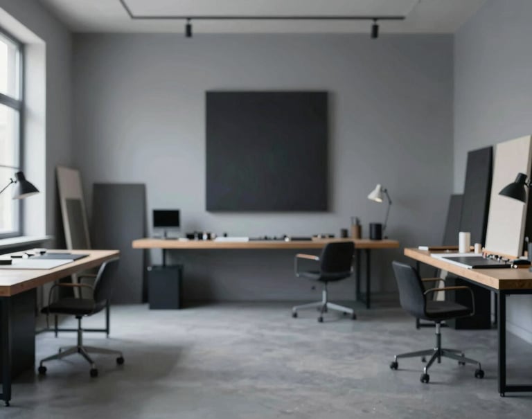 A thoughtful, wide shot of an elegant studio workshop space. Mood is quiet luxury with minimalist furniture and high-quality artistic equipment. Colors dominated by #0A0A0A and #2C3E50.