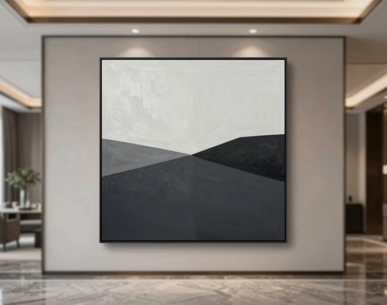 A luxury interior setting featuring a large minimalist painting from the ZAXAPH collection on a central wall, reflecting an atmosphere of exclusive high-end design with #1A1A1A accents.