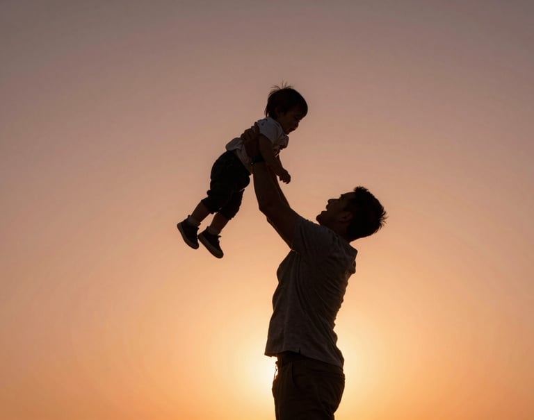 A father lifting his toddler into the air, back-lit by the setting sun in a North American / General Western park. Silhouette effect with a warm terracotta glow against a soft sand background.