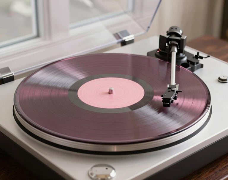 A high-fidelity record player in a modern North American / US living room. A vinyl record is spinning, reflecting soft pink and dusty rose colors from a nearby window. The setting is clean, luxurious, and sophisticated.