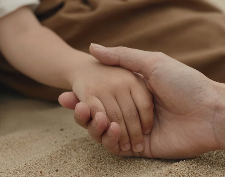 A close-up detail shot of a mother's hand holding her child's hand, warm soft sand skin tones, earthy brown fabric in the background, cinematic soft lighting.