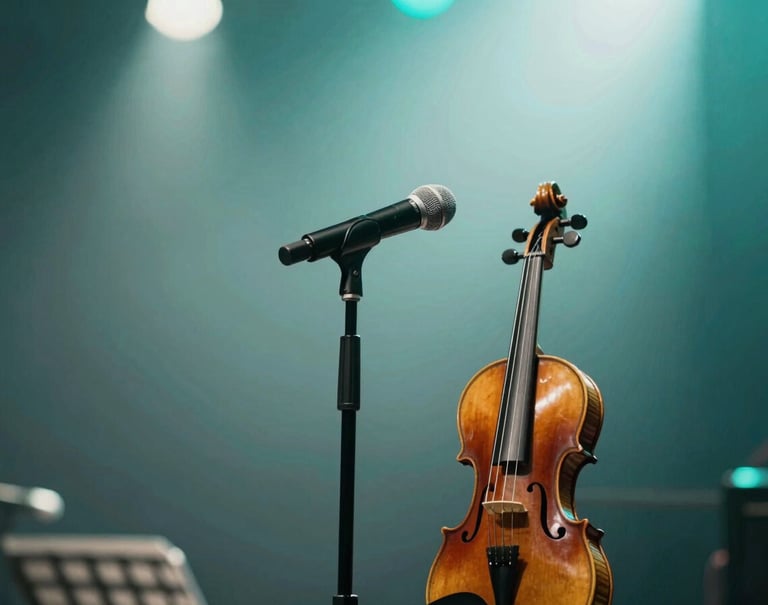 A professional shot of a stage stage from a low angle, focusing on a microphone and a violin on a stand. The lighting is a mix of #386F6F teal and soft #E6EBE0 spotlights. The composition conveys a sense of anticipation and musical depth.