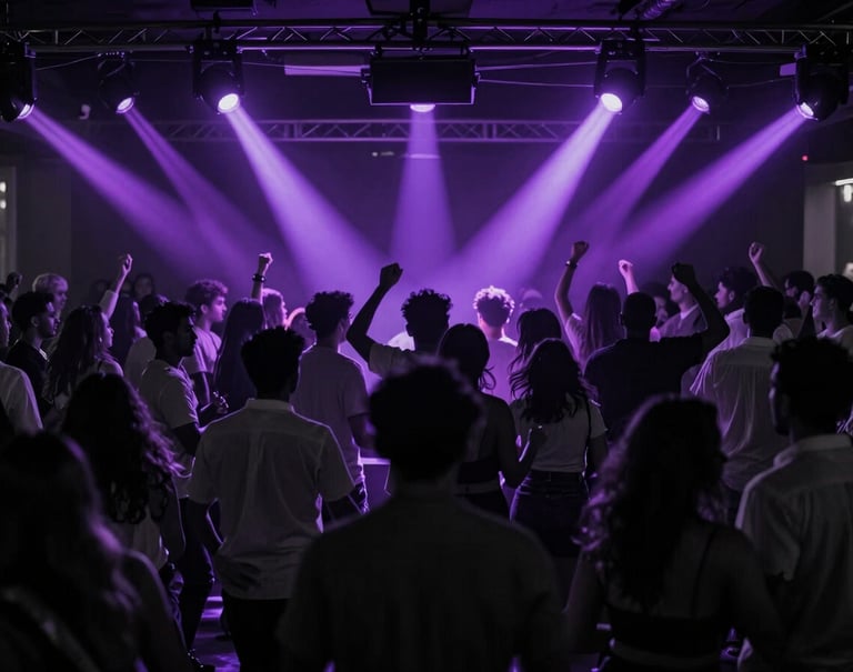 A high-contrast photography of a large audience dancing in a Spanish / Latin American nightclub. Silhouettes in obsidian and charcoal grey, illuminated by rhythmic flashes of electric violet light. High-end, premium party aesthetic.
