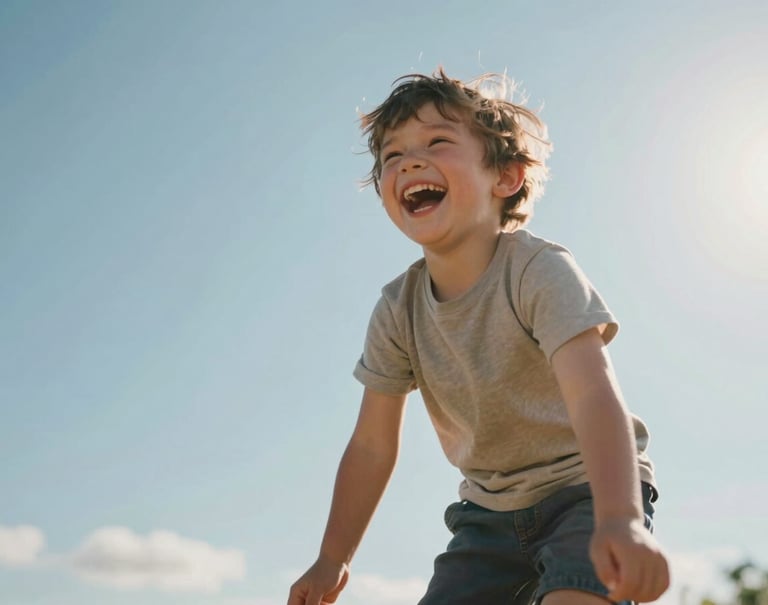 Candid shot of a small child laughing while being lifted into the air, sun flare in the corner, warm tones, authentic joy, cinematically framed against a soft blue sky.