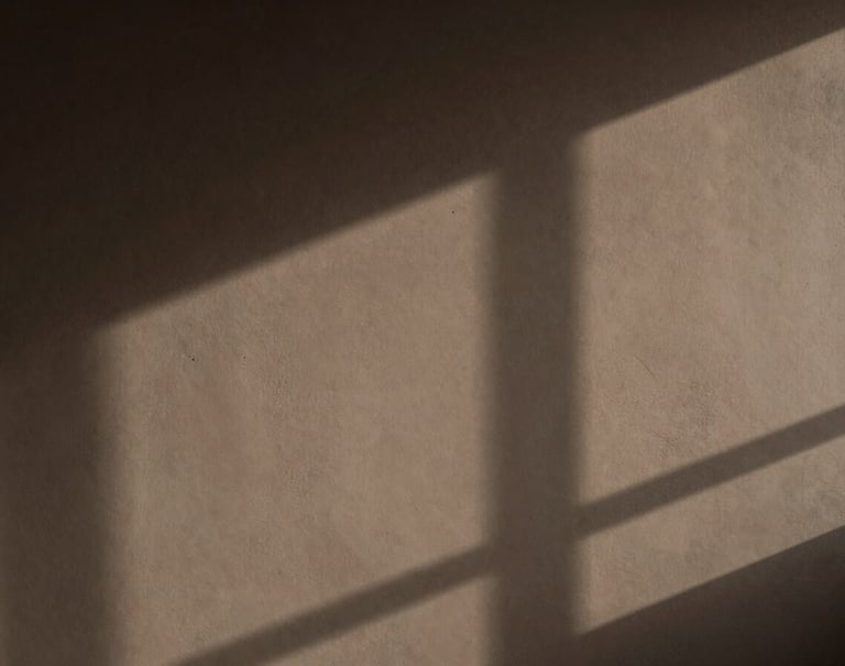 A minimalist, contemplative photograph of a shadow cast on a wall in a South American / Argentine studio. The wall has a subtle texture in earthy taupe, and the interplay of light and shadow suggests a deeper, enigmatic presence behind the material surface.