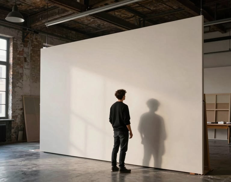 A professional artist in an International / Urban Art Scene workshop, standing before a massive canvas. The space is a converted warehouse with high ceilings, exposed brick, and industrial pendant lighting. The artist's silhouette is cast against the glowing soft off-white walls.
