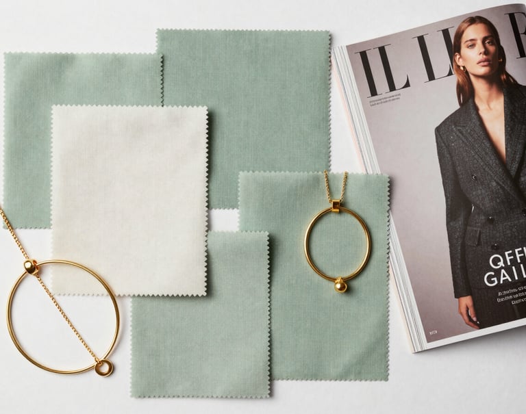 Top-down editorial photography of a curated style board with fabric swatches in soft sage green and soft off-white, paired with gold jewelry pieces and a high-end fashion magazine, set in a North American / Western European studio.