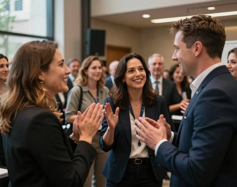 A candid, high-energy shot of a successful campaign launch event in a North American metropolitan area, with professionals interacting and celebrating real-world results under warm, professional lighting.