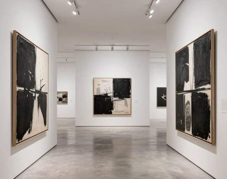An immersive wide-angle shot of a high-end, contemporary art gallery in a Middle Eastern metropolitan city. Large canvases with bold black and white art are displayed on expansive white walls with minimalist spotlighting and polished floors.
