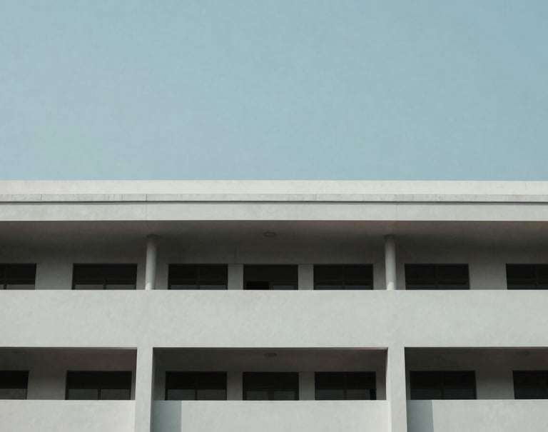 Minimalist architectural detail of a government building in Indonesia, showcasing clean lines and modern design. The composition is clean and focused, using a palette of pale mist and slate blue under a clear sky.