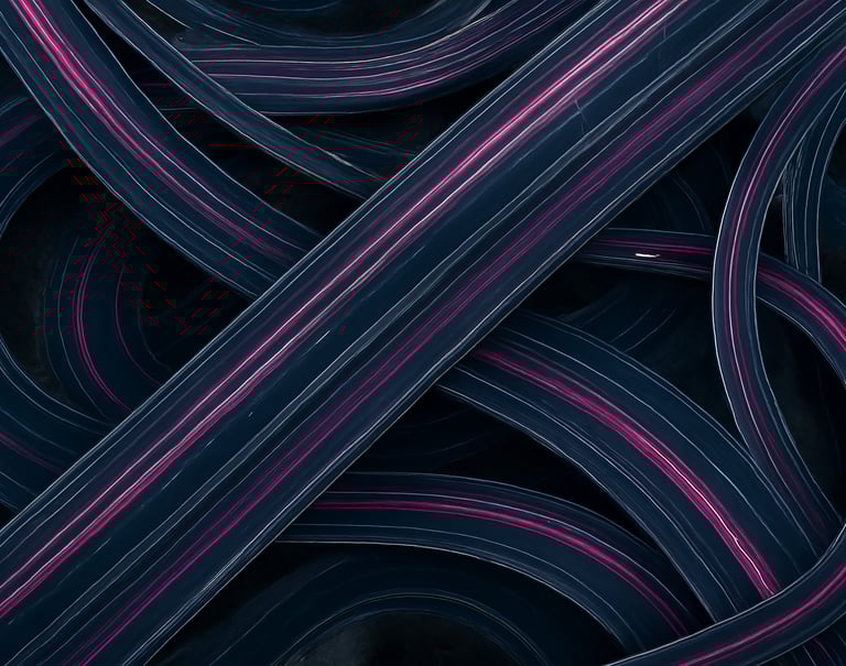 Top-down drone shot of a complex highway interchange in Seoul, car light trails forming geometric patterns, deep charcoal asphalt, electric magenta accents, East Asian / Korean urban.