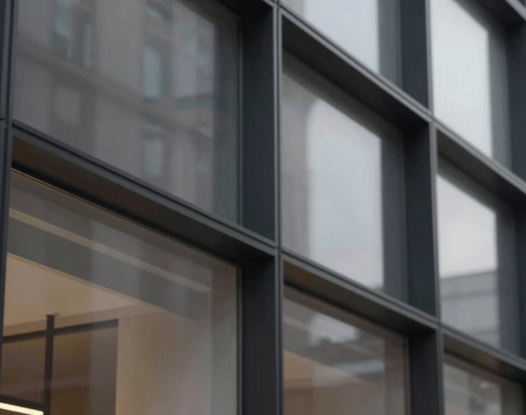 An abstract, geometric architectural detail of a glass-and-steel flagship storefront. Strong contrast, clean lines, editorial composition. Sophisticated and confident mood with deep charcoal #111111 tones.