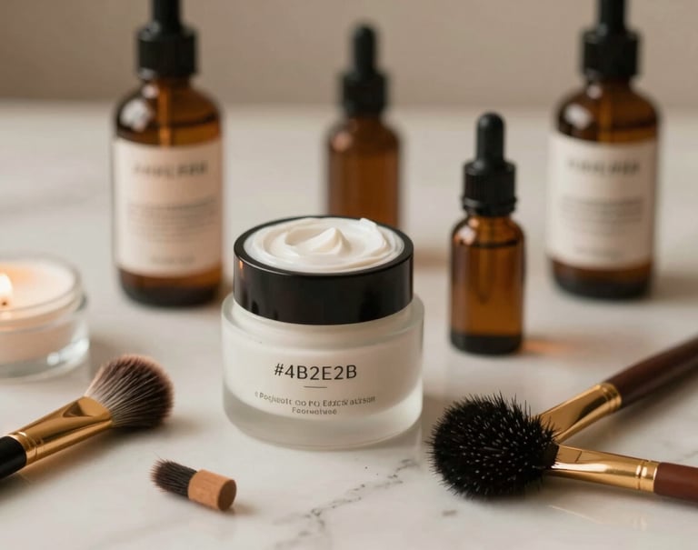 An artistic shot of beauty tools or aesthetic products arranged on a marble surface. Soft shadows and warm tones (#4B2E2B) to evoke luxury and professional care.