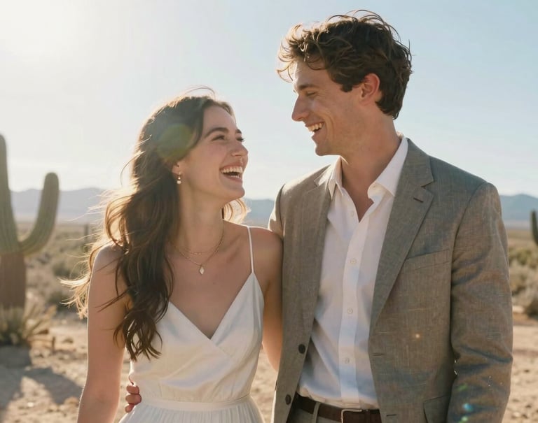 A candid, sun-drenched portrait of a young couple laughing together, the sunlight creating a natural flare around them. They are dressed in relaxed, modern wedding attire in a North American / US desert setting.