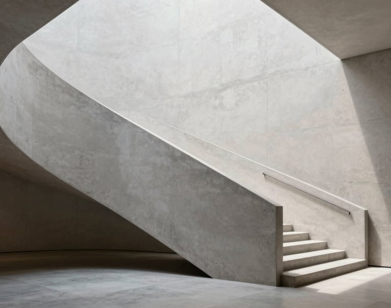 A vertical photography of a minimalist concrete staircase inside a contemporary art museum. Sharp geometric shadows contrast with the soft off-white and light gray surfaces. Deep focus, clean lines, serene and sophisticated atmosphere, North American / Western European architectural style.