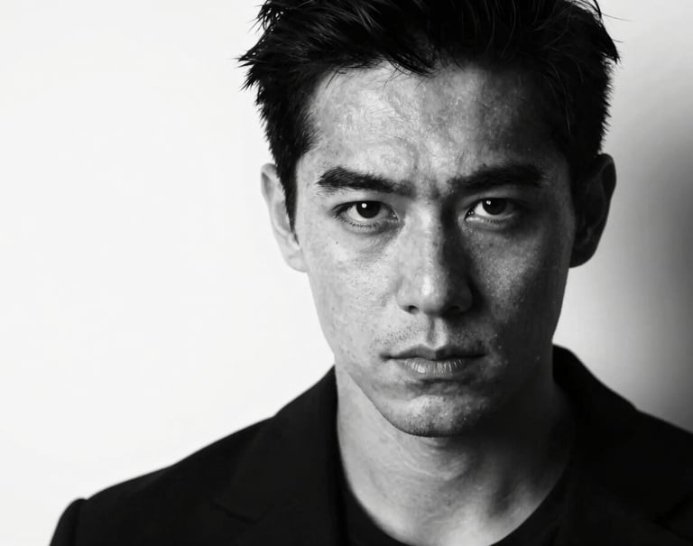 A striking black and white headshot portrait of an actor looking directly into the lens. Intense emotional depth. High contrast chiaroscuro lighting using deep blacks (#0F0F0F) and clean whites (#F5F5F5). International casting quality.