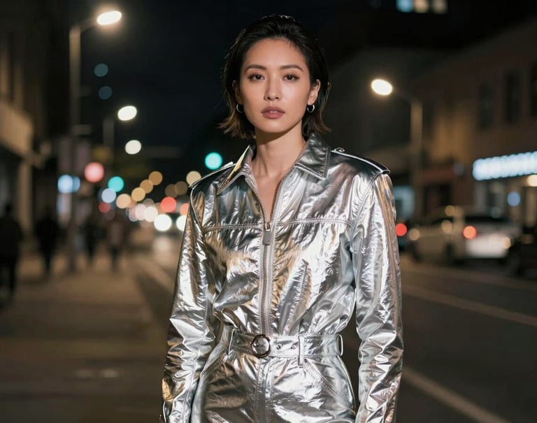 A high-fashion portrait of an artist in a North American / US urban setting at night, wearing reflective silver apparel that mirrors the surrounding streetlights, captured in sharp focus.
