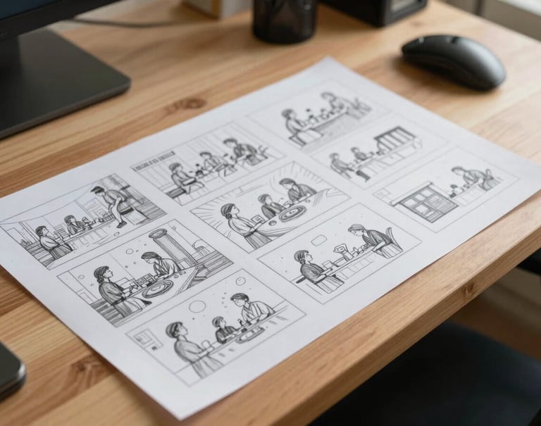 A series of paper storyboard sketches for an instructional video laid out on a light wooden surface, North American / US home office environment, cinematic lighting.